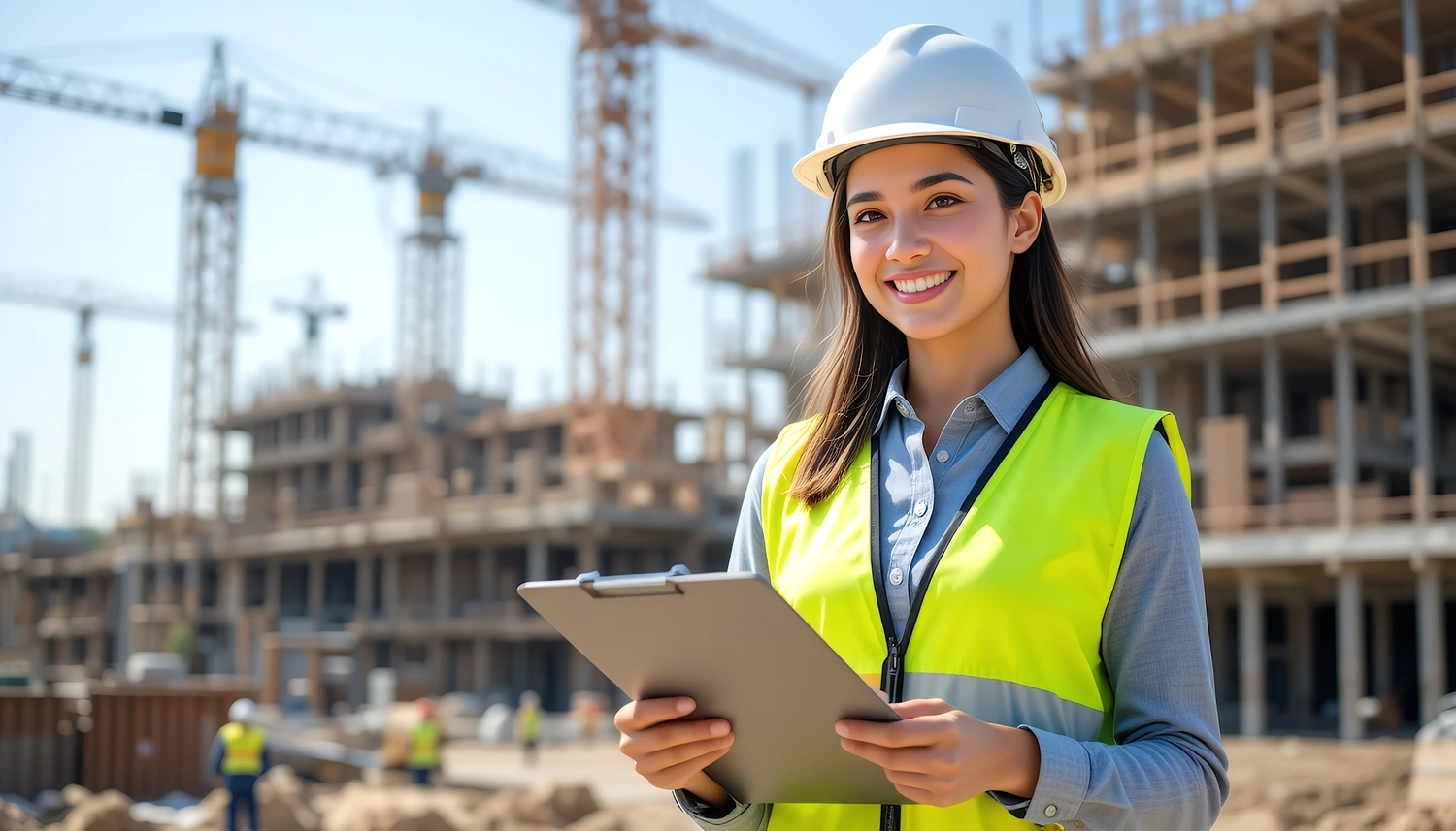 MS Management – Management – Eine fröhliche junge Ingenieurin lächelt auf einer Baustelle.