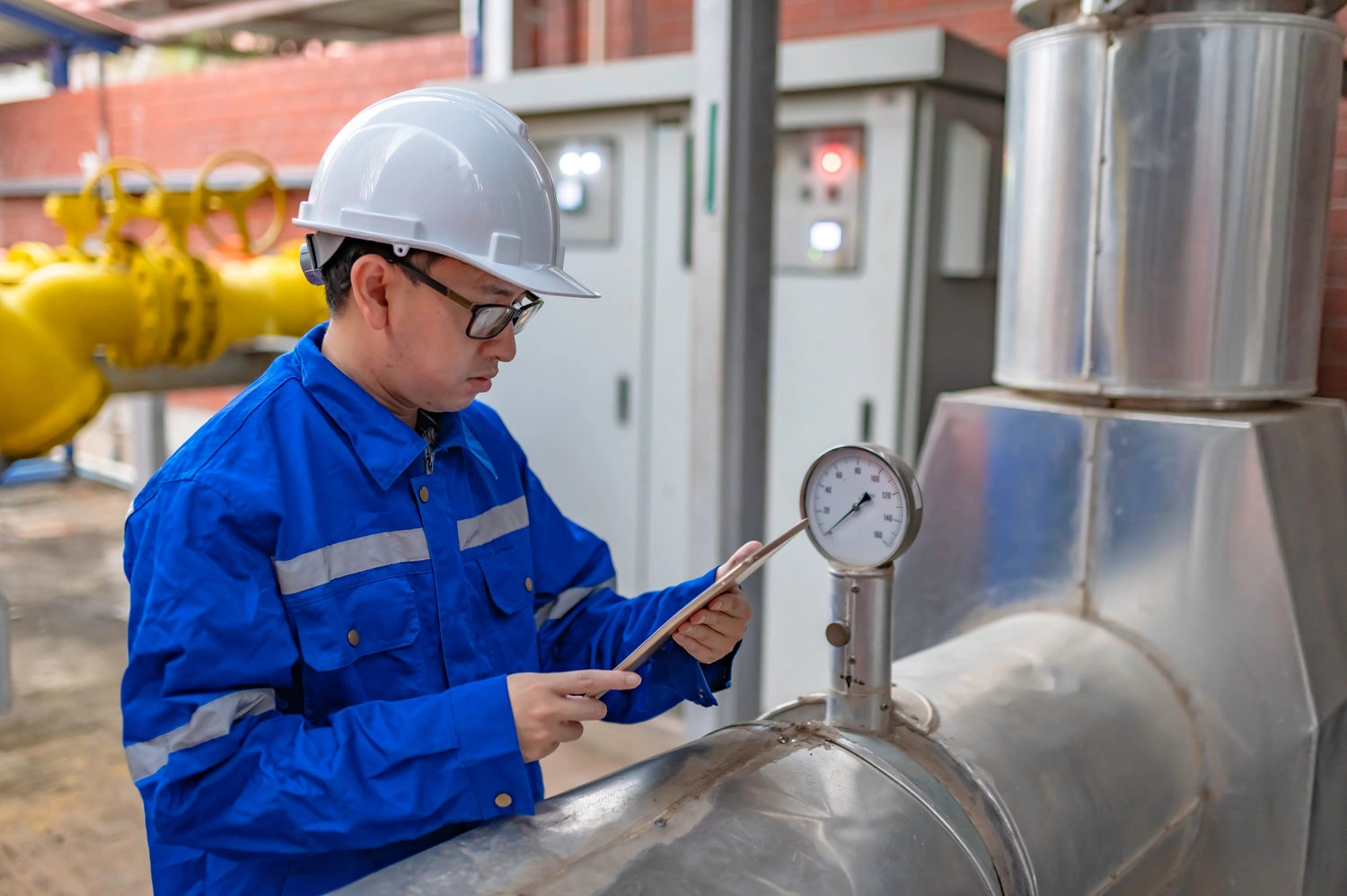 MS Management – Management – Ingenieur überwacht industrielle Kühlsysteme, Fabriktechniker führt Maschinenwartungen durch, Maschinenüberwachung in der Produktionsanlage