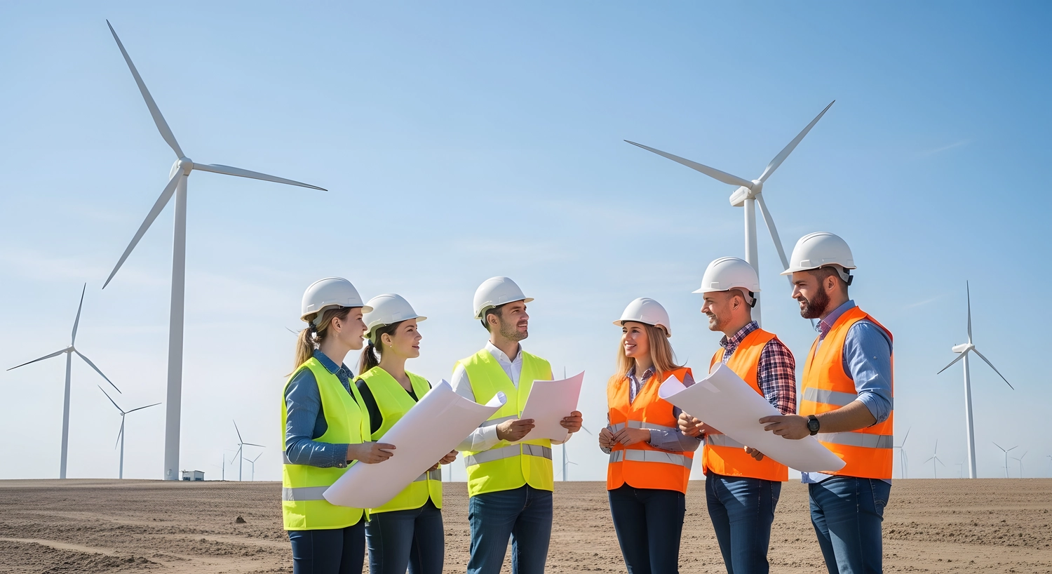 MS Management – Management – Projektteam für erneuerbare Energien prüft an einem sonnigen Tag Windkraftanlagenpläne